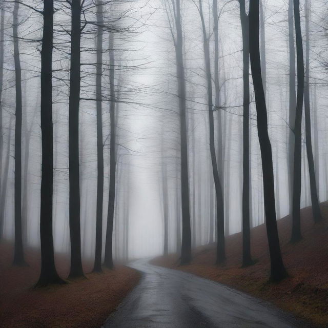 A dark and dense forest scene with tall, shadowy trees and minimal light filtering through