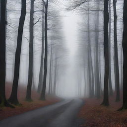 A dark and dense forest scene with tall, shadowy trees and minimal light filtering through