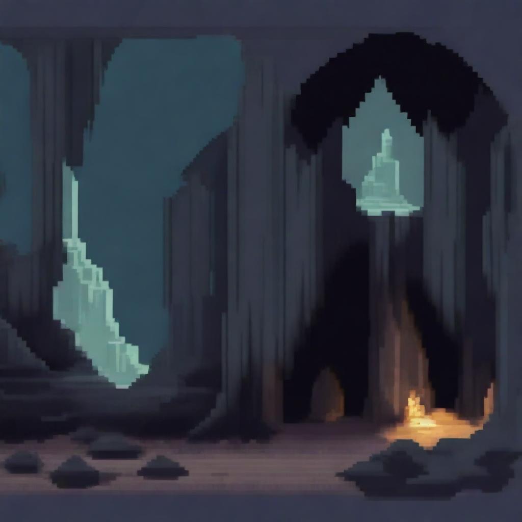 Create a pixel art image of a spooky cave