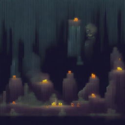 Create a pixel art image of a spooky cave