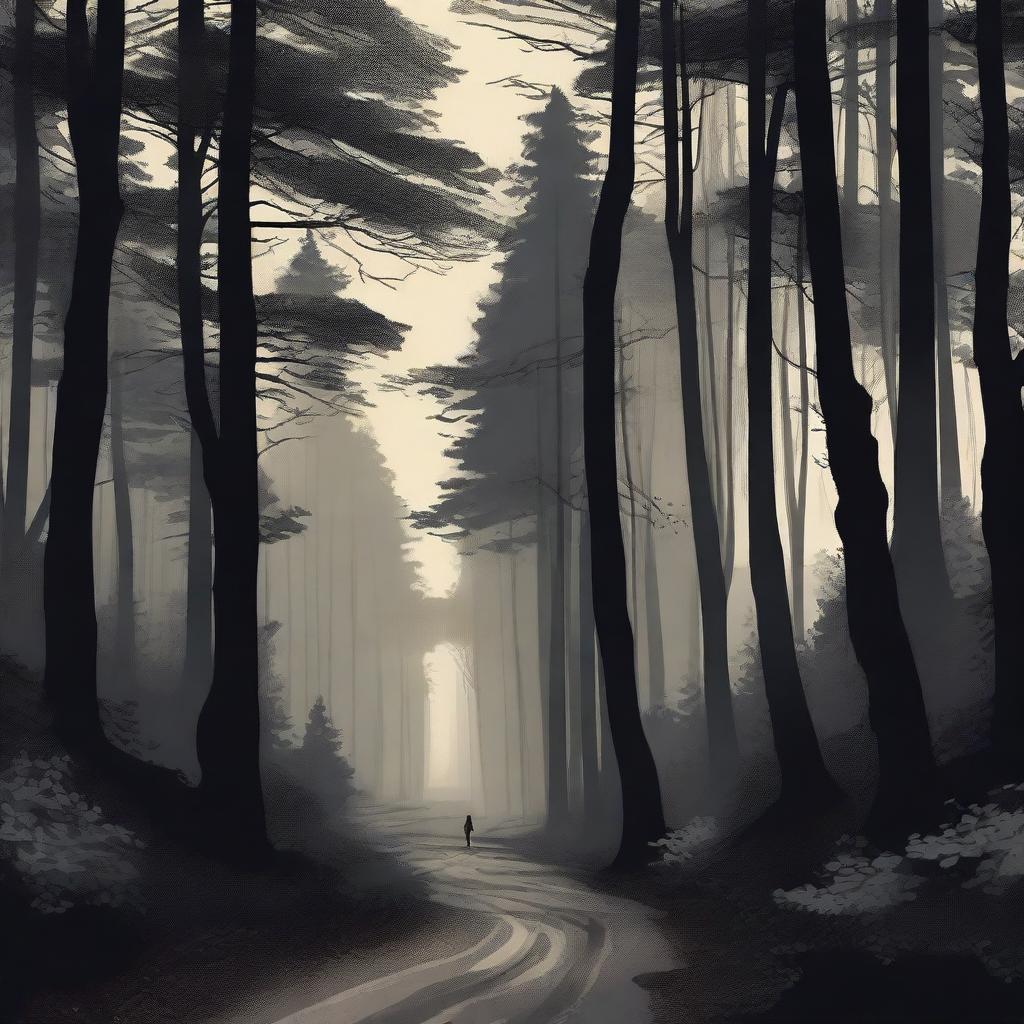 A dark and dense forest scene with tall, shadowy trees