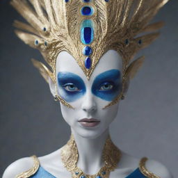 Create an image of a beautiful alien with piercing blue eyes, dragon-like white porcelain skin, and hair like peacock feathers. The alien has an elongated head with visible golden veins and embedded sapphire stones, as well as gold and white fingers. Render in a high-resolution, cinematic retro style with ultimate details.