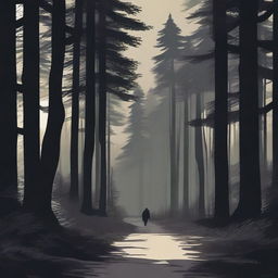 A dark and dense forest scene with tall, shadowy trees