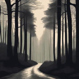 A dark and dense forest scene with tall, shadowy trees