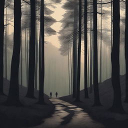 A dark and dense forest scene with tall, shadowy trees