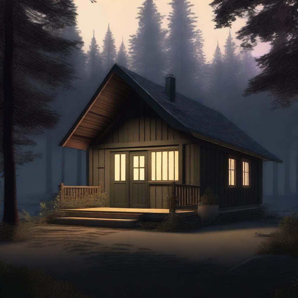 A small, cozy bungalow situated at the edge of a dark forest