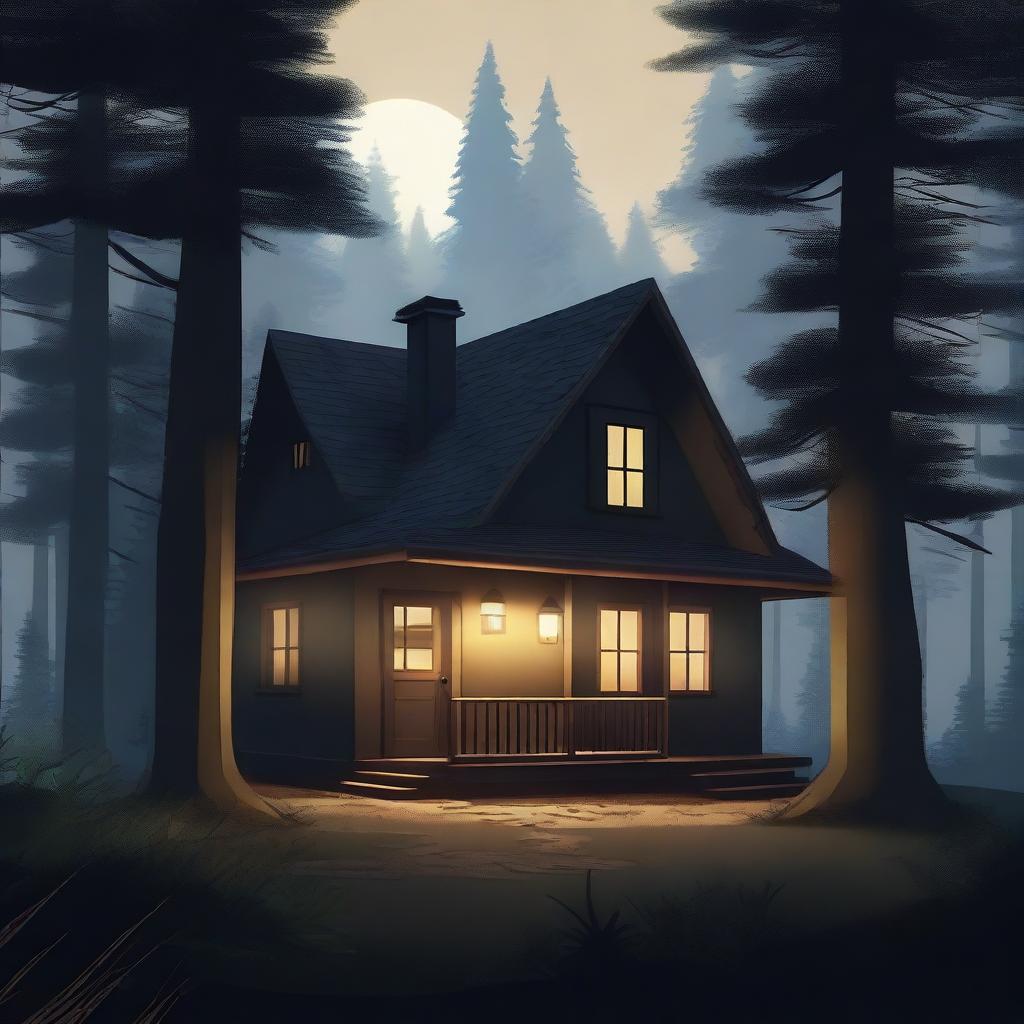 A small, cozy bungalow situated at the edge of a dark forest