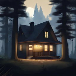 A small, cozy bungalow situated at the edge of a dark forest