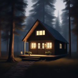 A small, cozy bungalow situated at the edge of a dark forest