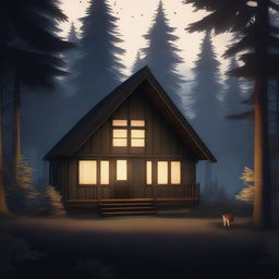 A small, cozy bungalow situated at the edge of a dark forest