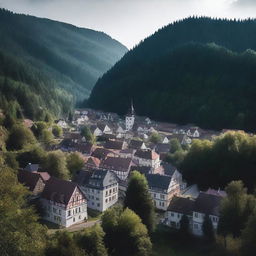 A dark small German town nestled in a forest clearing