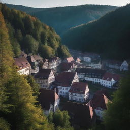 A dark small German town nestled in a forest clearing