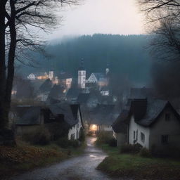 A dark small German town nestled in a forest clearing