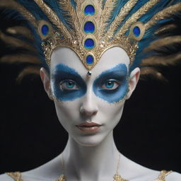 Create an image of a beautiful alien with piercing blue eyes, dragon-like white porcelain skin, and hair like peacock feathers. The alien has an elongated head with visible golden veins and embedded sapphire stones, as well as gold and white fingers. Render in a high-resolution, cinematic retro style with ultimate details.