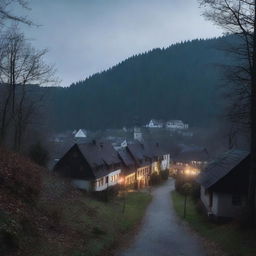 A dark small German town nestled in a forest clearing