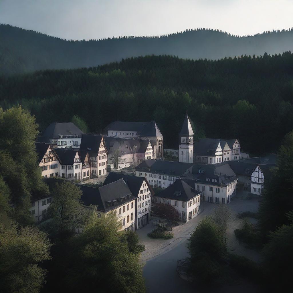 A dark, small German town center located in a forest clearing