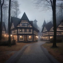 A dark, small German town center located in a forest clearing