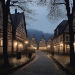 A dark, small German town center located in a forest clearing