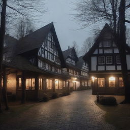 A dark, small German town center located in a forest clearing