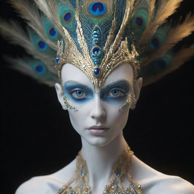 Create an image of a beautiful alien with piercing blue eyes, dragon-like white porcelain skin, and hair like peacock feathers. The alien has an elongated head with visible golden veins and embedded sapphire stones, as well as gold and white fingers. Render in a high-resolution, cinematic retro style with ultimate details.