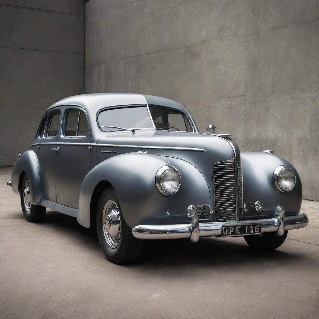 A retro 1940s car reinvented with dieselpunk elements, showcasing a sleek steel body, bolted panels, a large diesel engine, distinguished by an overall grungy industrial aesthetic