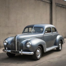 A retro 1940s car reinvented with dieselpunk elements, showcasing a sleek steel body, bolted panels, a large diesel engine, distinguished by an overall grungy industrial aesthetic