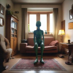 A detailed scene showing a shapeshifting alien in the process of transforming into a human inside a cozy living room of a small German town house