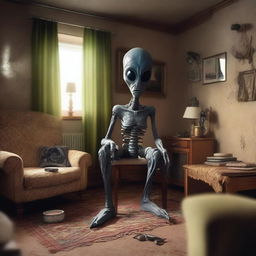 A detailed scene showing a shapeshifting alien in the process of transforming into a human inside a cozy living room of a small German town house