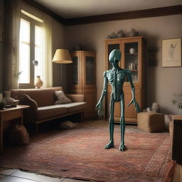 A detailed scene showing a shapeshifting alien in the process of transforming into a human inside a cozy living room of a small German town house