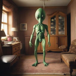 A detailed scene showing a shapeshifting alien in the process of transforming into a human inside a cozy living room of a small German town house