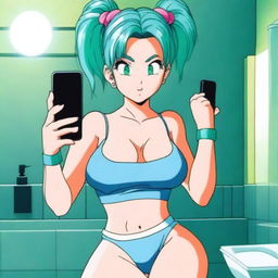 Bulma from Dragon Ball Z is taking a selfie in a bathroom