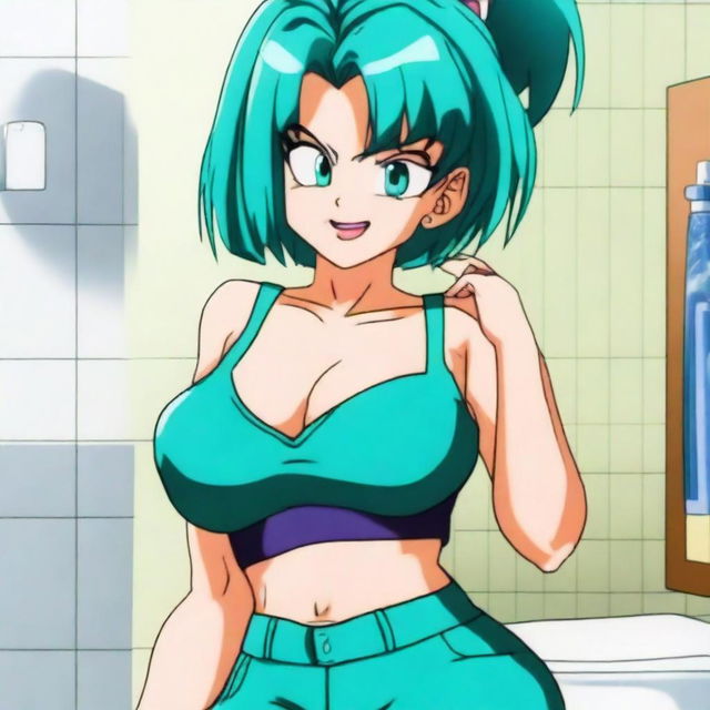 Bulma from Dragon Ball Z is taking a selfie in a bathroom