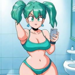 Bulma from Dragon Ball Z is taking a selfie in a bathroom