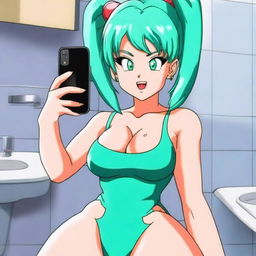 Bulma from Dragon Ball Z is taking a selfie in a bathroom