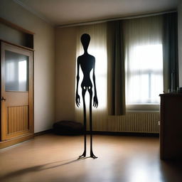 Inside a living room of a small German town house, a shapeshifting Slenderman-looking alien is mid-transformation into human form