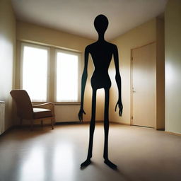 Inside a living room of a small German town house, a shapeshifting Slenderman-looking alien is mid-transformation into human form