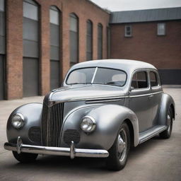 A retro 1940s car reinvented with dieselpunk elements, showcasing a sleek steel body, bolted panels, a large diesel engine, distinguished by an overall grungy industrial aesthetic