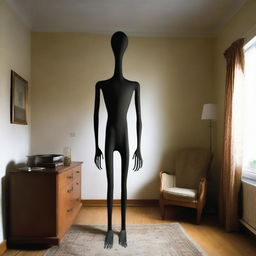 Inside a living room of a small German town house, a shapeshifting Slenderman-looking alien is mid-transformation into human form