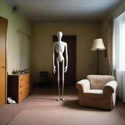 Inside a living room of a small German town house, a shapeshifting Slenderman-looking alien is mid-transformation into human form