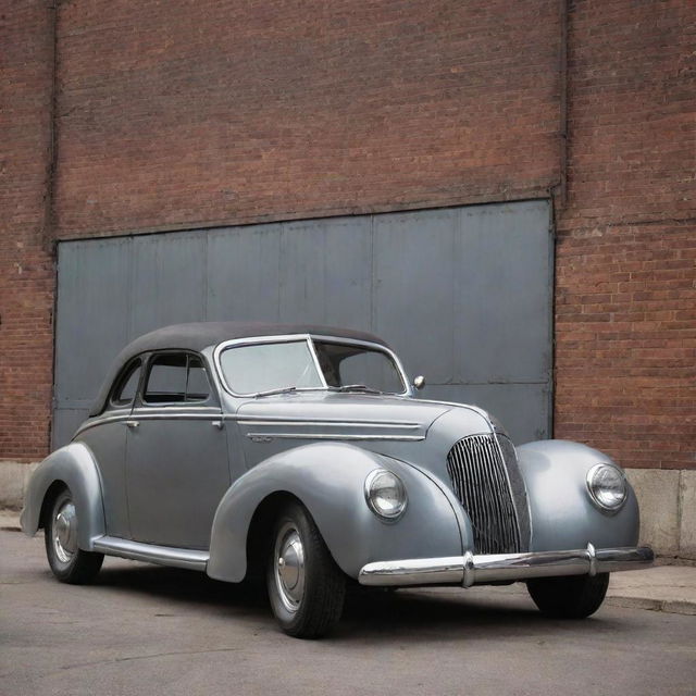 A retro 1940s car reinvented with dieselpunk elements, showcasing a sleek steel body, bolted panels, a large diesel engine, distinguished by an overall grungy industrial aesthetic