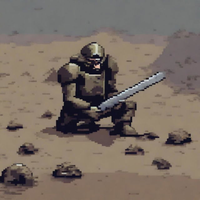 Create a pixel art image of a fallen soldier in armor