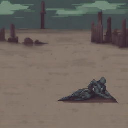 Create a pixel art image of a fallen soldier in armor