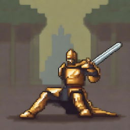 Create a pixel art image of a fallen warrior wearing golden armor