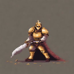 Create a pixel art image of a fallen warrior wearing golden armor