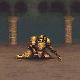 Create a pixel art image of a fallen warrior wearing golden armor