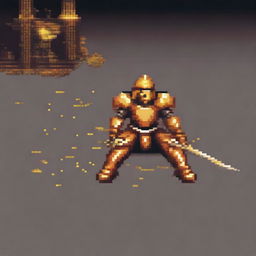 Create a pixel art image of a fallen warrior wearing golden armor