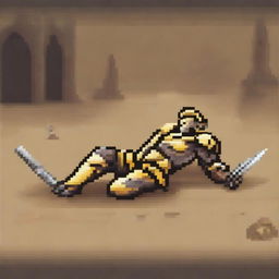 Create a pixel art image of a fallen warrior in golden armor lying on the ground