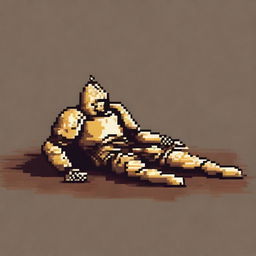 Create a pixel art image of a fallen warrior in golden armor lying on the ground