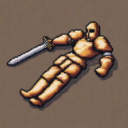 Create a pixel art image of a fallen warrior in golden armor lying on the ground