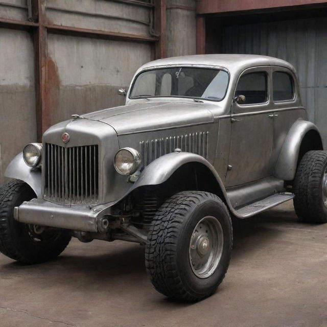 A 2000s era car morphed into dieselpunk style, featuring a sleek metal body, bolted steel plating, a mammoth diesel engine, and an overall grungy post-industrial aesthetic